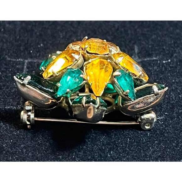 Vtg Starburst Rhinestone Brooch Amber Green Glass Stones, Mid Century Statement - Picture 3 of 5